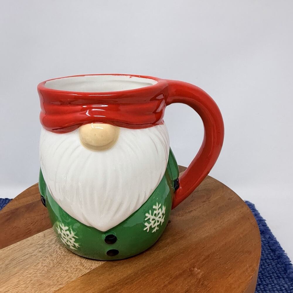 Santa Christmas Gnome Coffee Cup Mug Red Santa Hat Snowflakes Ceramic